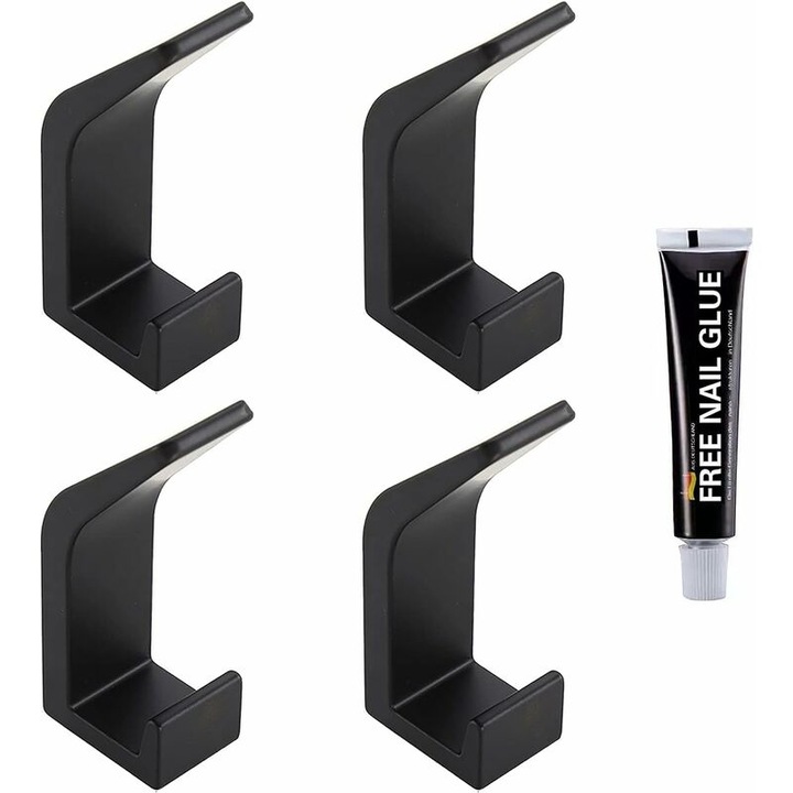 Set 4 carlige adezive negre, suport pentru prosoape, 7x3x2cm