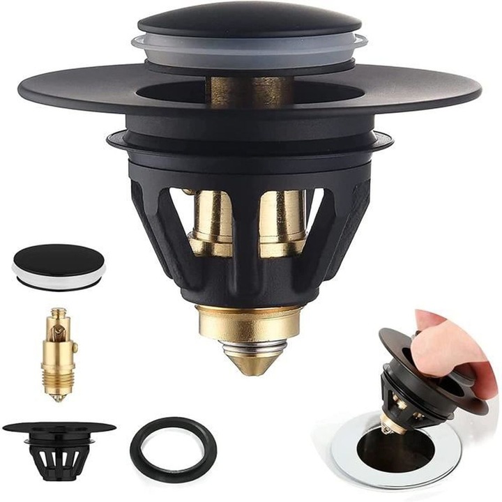 Filtru de par, dop chiuveta universal, 34-39mm, negru, set cu 2 garnituri de silicon