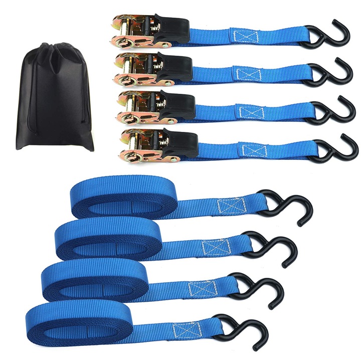 Set de 4 chingi cu clichet, 5 m, 2.5 cm, culoare albastru, pentru transport motociclete, biciclete, barci