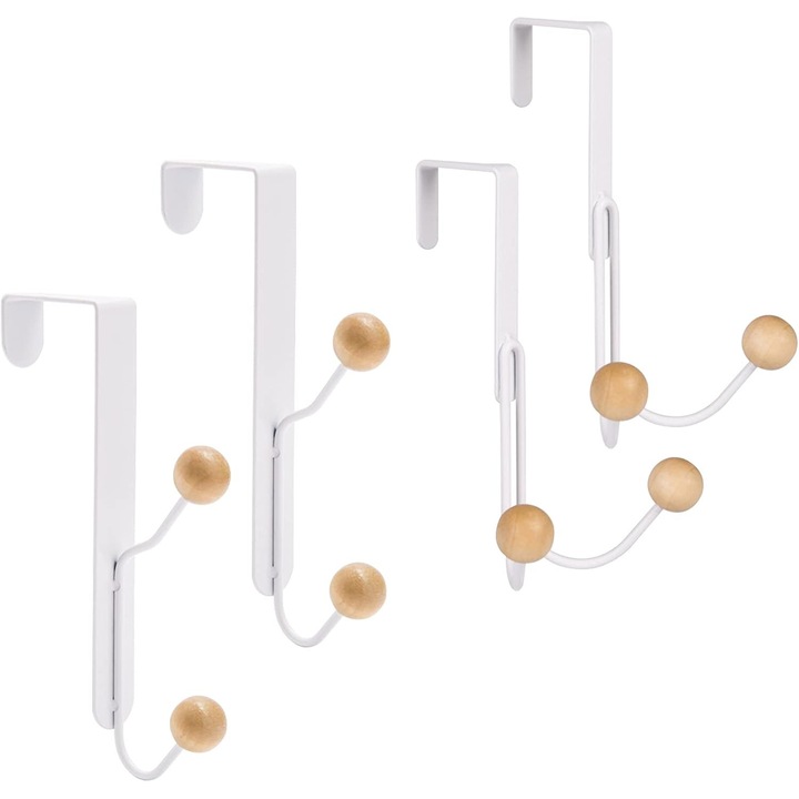 Set de 4 carlige metalice pentru usi, alb, design cu carlig dublu, material de calitate superioara