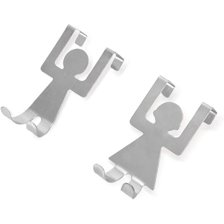 Set de 2 suporturi pentru usi din inox, 8x4.5cm, fara gaurire, pentru haine si accesorii