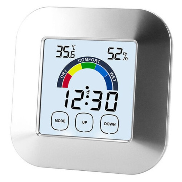Ceas cu termometru si higrometru, ecran LCD tactil, design multifunctional, 8.5x8.5cm, set 1 buc.