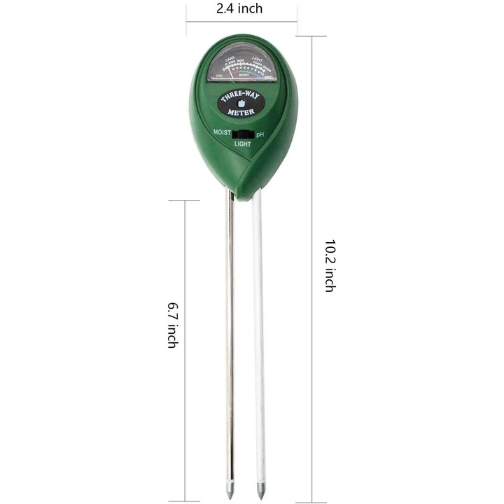 3 az 1-ben talajteszter, páratartalom, pH és fény mérése, 10.2x2.0x1.2 hüvelyk