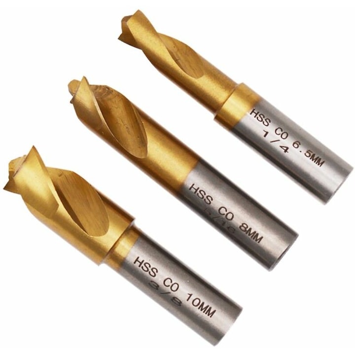 Set burghie pentru taierea sudurilor, 3 piese, otel rapid, acoperire titan, dimensiuni 6.5mm, 8mm, 10mm, 45mm