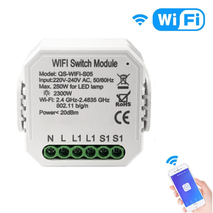 Intelligens WiFi kapcsoló modul, 220V-240V, 50x45mm, hangvezérlés