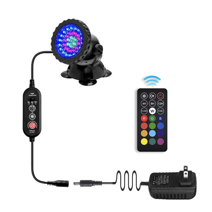 Víz alatti LED lámpa távirányítóval, állítható fényerővel, IP68, fekete, 12V