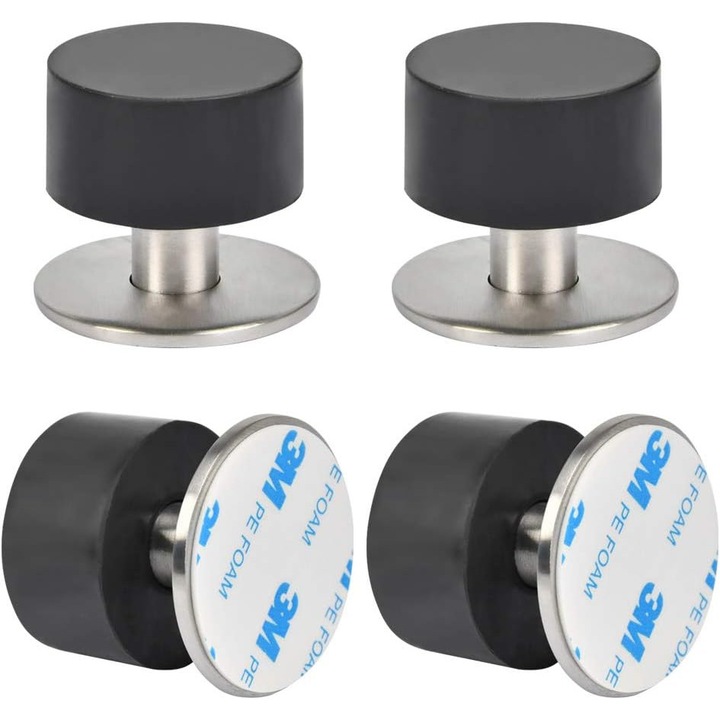 Set 4 Accesorii Usi din Otel Inoxidabil cu Cap din Cauciuc Amortizor - Montare Fara Perforare, Culoare Argintie