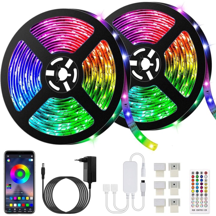 LED szalagok 10m, RGB, okostelefon alkalmazással vezérelhető, zenei mód, többszínű