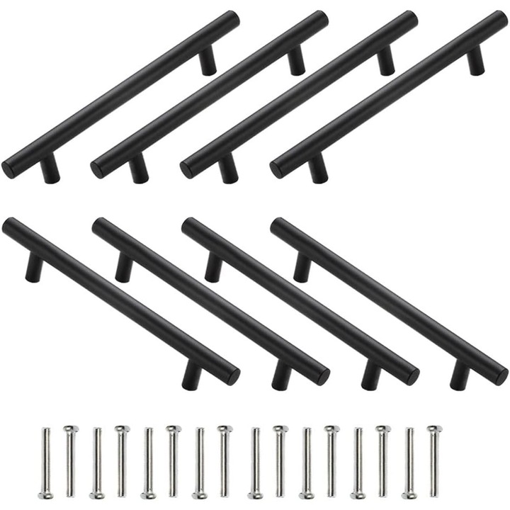 Set 8 manere de dulap din otel inoxidabil, 200x32x10mm, negru, cu suruburi