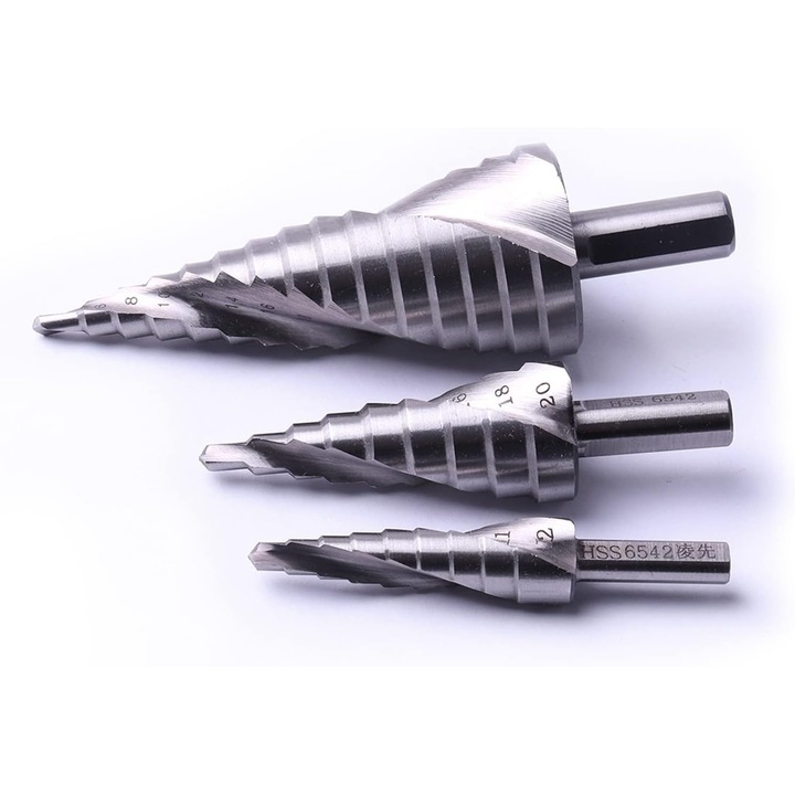 Set burghie treptate HSS 6542 4-12mm, 4-20mm, 4-32mm, tip spiral, maner triangular