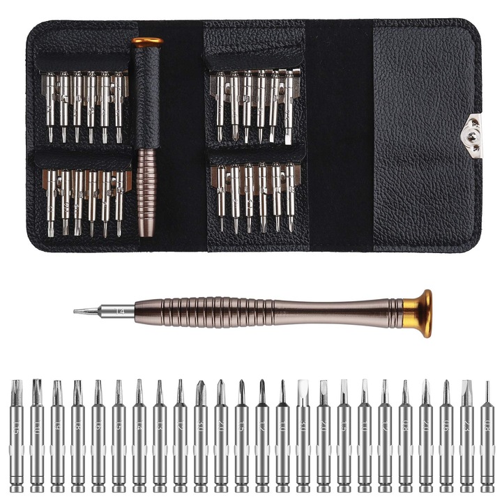 Комплект прецизни отвертки 25 в 1, с кожен калъф, за лаптоп, часовник, бижута, играчки