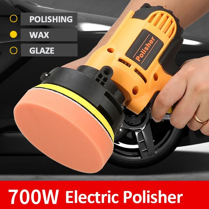 Elektromos polírozó autókhoz, 700W, állítható sebesség, sárga, 12.5cm átmérő