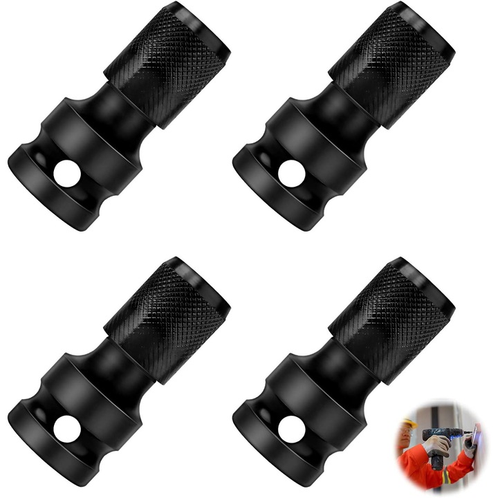 Set 4 adaptoare hexagonale 1/2" la 1/4" pentru cheie cu impact, negru