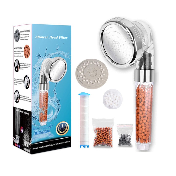 Cap de dus cu filtrare in 3 etape, sistem de filtrare ionic, economisire apa, presiune mare, compatibil cu toate coloanele de dus, fara unelte necesare pentru instalare
