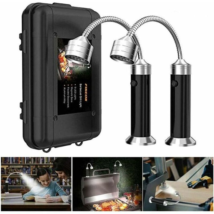 Set de 2 lampi LED pentru gratar cu baza magnetica, rotire 360°, flexibile, culoare neagra