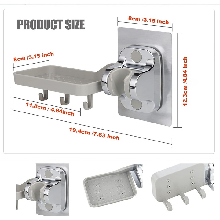 Suport pentru dus, fara gaurire, capacitate de incarcare mare, rezistent la apa, 19.4 cm