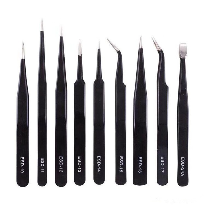 Set de 9 pensete de precizie, negru, din otel inoxidabil, anti-static, diverse forme si dimensiuni