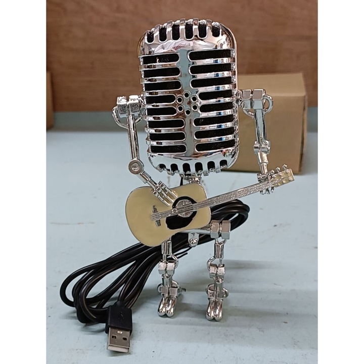 Veioza decorativa Robot Microfon, metal si rasina, argintiu, 16x10x8cm