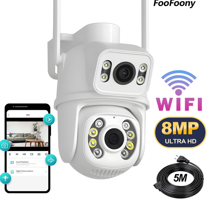 FooFoony Camera De Supraveghere Video CCTV Dubla WiFi FooFoony 80XM Safe Pal, 8MP, Exterior/Interior, Ultra HD 4K, 4X Zoom, Rotire, Leduri Lumina, Comunicare Bidirectionala, Stocare Card/Cloud, Senzor Miscare, Alb