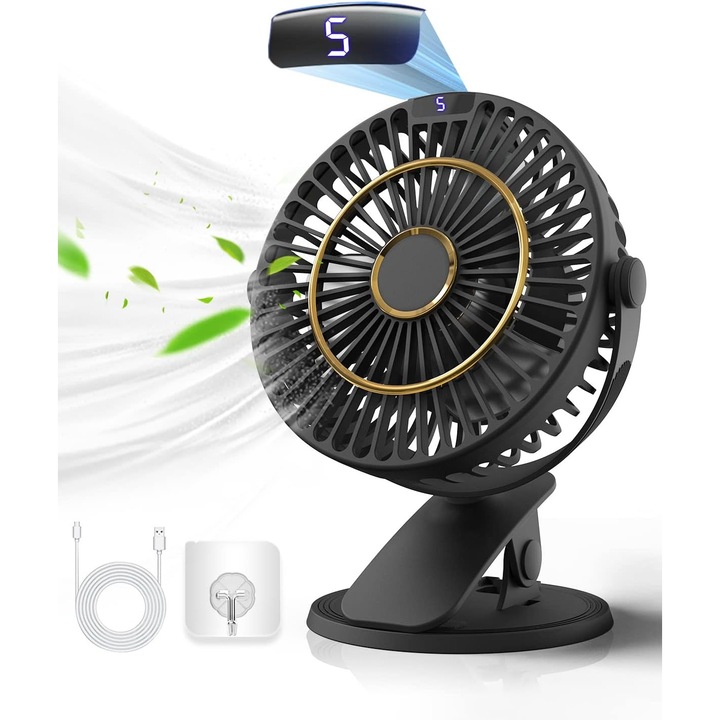 Вентилатор, мини, USB, настолен, 5 скорости, LCD дисплей, преносим, 6 инча, черен