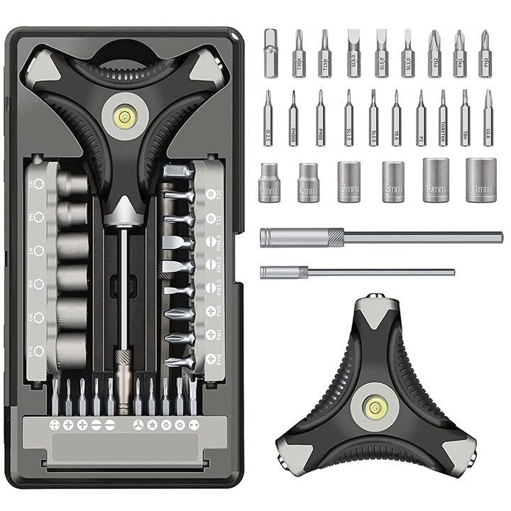 Комплект отвертки от 28 части, триъгълна дръжка с нивелир, стомана S2, сив