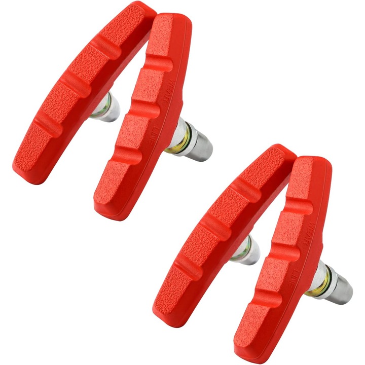 Комплект от 2 чифта спирачни накладки за V-образна спирачка за велосипед, 70 мм, червени, с шестограмни гайки и дистанционни елементи