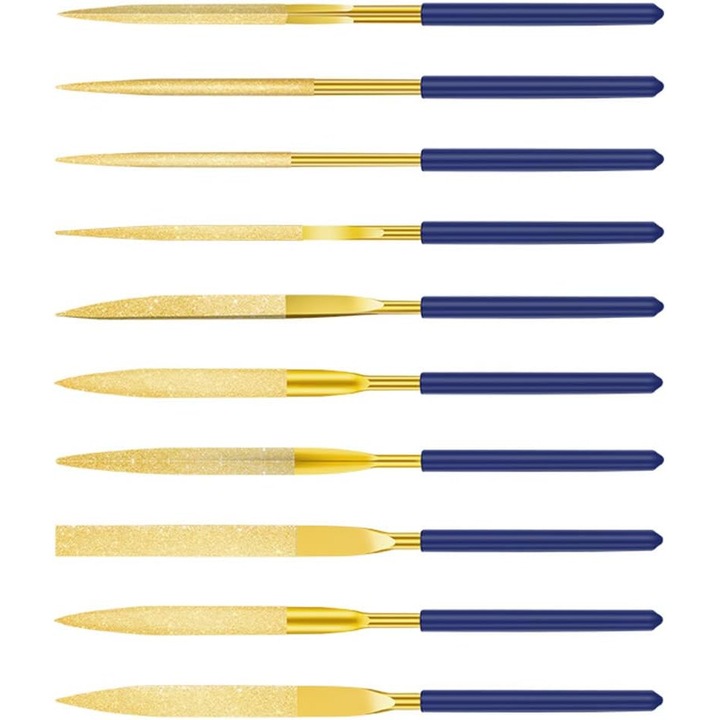 Set de 10 pile mini din diamant, 140mm, aurii si albastre, pentru metal, plastic, sticla, lemn