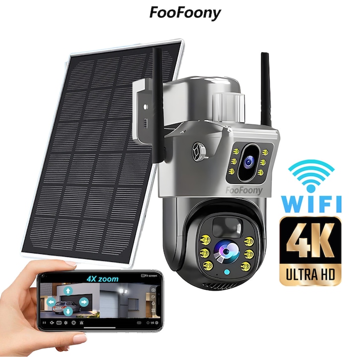 Camera de supraveghere FooFoony dubla solara 4K/8MP cu 4G si SIM inclus, wireless, fara WiFi, exterior, rotativa, detectare miscare, alarma, urmarire persoane, baterie reincarcabila, night vision color, impermeabila, ideala pentru ferma si teren