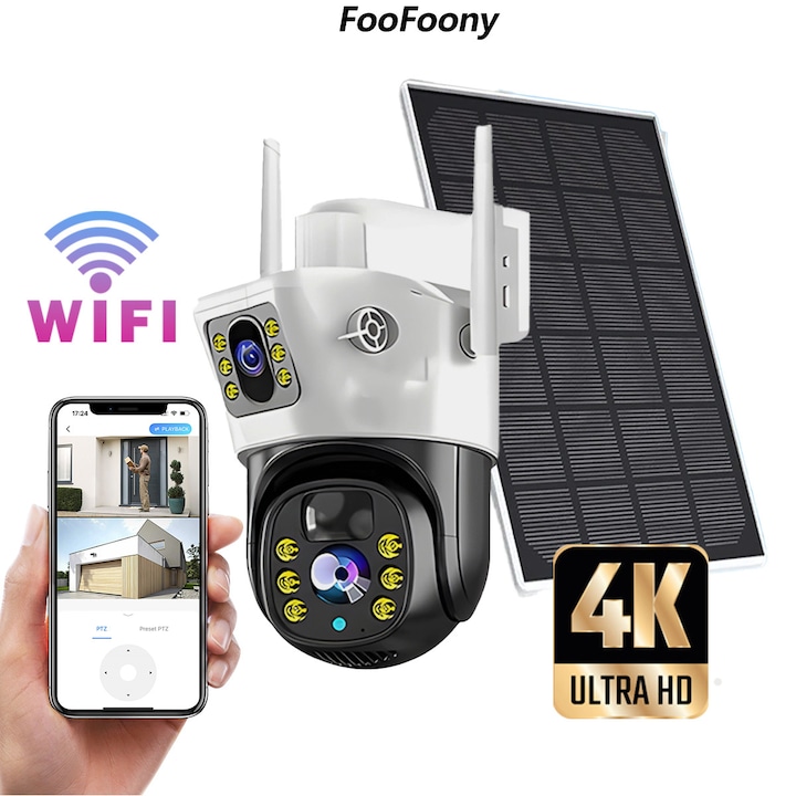 Camera de supraveghere FooFoony solara 4G 4K/8MP cu SIM inclus, fara WiFi, exterior, rotativa, detectare miscare si alarma, night vision color, baterie reincarcabila, impermeabila, pentru ferma, teren si curte