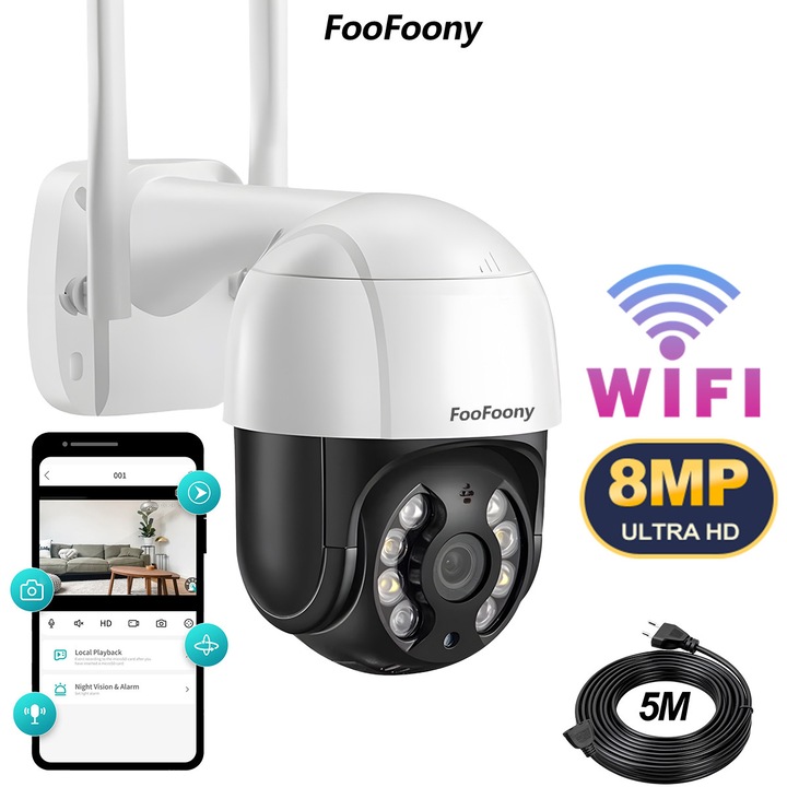 FooFoony camera wifi, Rezolutie 8MP, camera video exterior wireless, 4K, camera panou solara, Rotire din aplicatie, rezistenta la apa, comunicare bidirectionala, senzor miscare, activare lumina, Alb