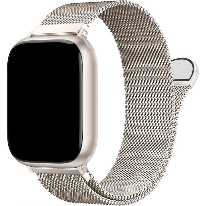 Curea tip Milanese compatibila cu Apple Watch 38mm / 40mm / 41mm / 42mm, pentru 11, 10, 9, 8, 7, 6, 5, 4, SE, SE2 – otel inoxidabil premium, prindere magnetica reglabila, design elegant, Auriu Deschis - Starlight