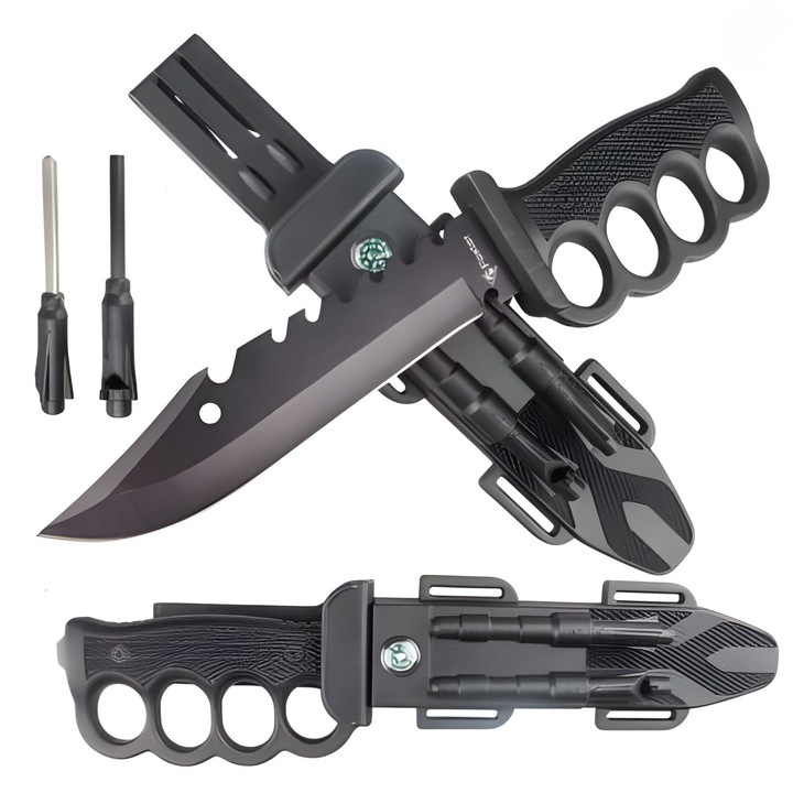 CUTIT TACTIC MILITAR 33 cm Lama Fixa Otel Inoxidabil, Fierastrau pe Lama, Maner Antiderapant cu Insertii Alama, Teaca cu Fluier, Cremene si Busola
