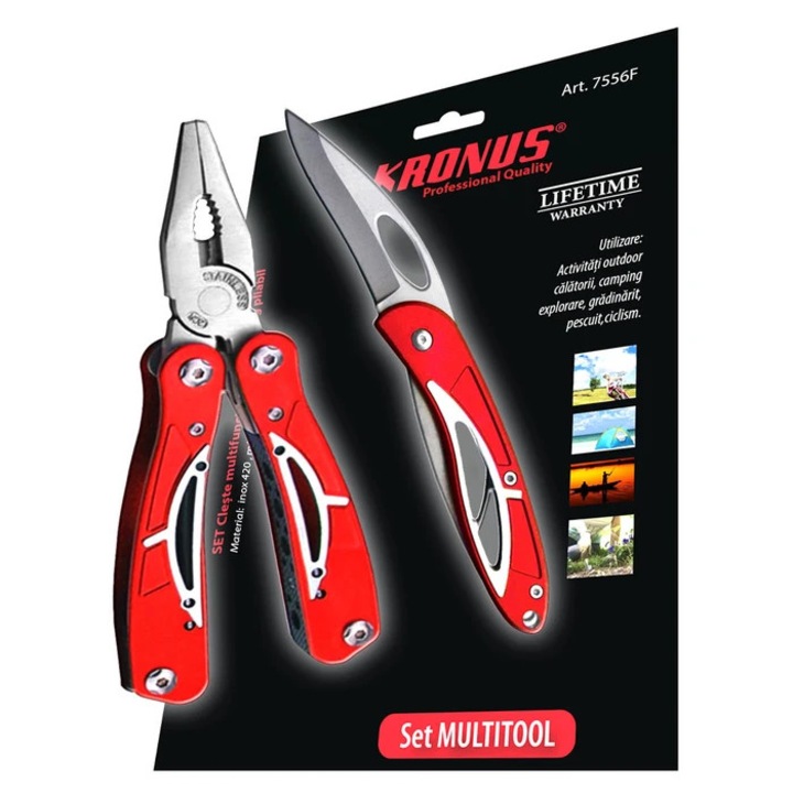 Set clește multifuncțional și briceag pliabil Kronus 7556F, inox, pentru activități în aer liber