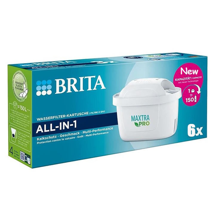 BRITA MAXTRA+ Cartus pentru Cana Filtrare - 6 bucati, Elimina clorul, calcarul si impuritatile, pentru apa moale, pura si cu gust excelent