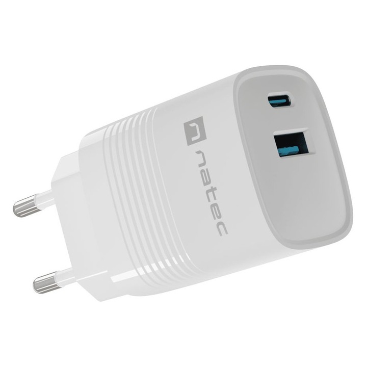 Natec Ribera Hálózati Töltő, 1xUSB-A, 1xUSB-C, 5V/12V, 3A, 30W, Fehér