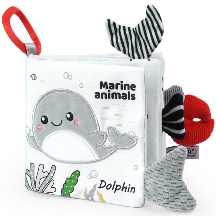 Carte textila interactiva pentru bebelusi, 0-6 luni, teme cu animale, culori vii, usor de curatat