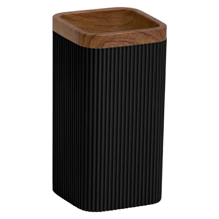 Pahar baie pentru igiena personala, Okyanus Home Stella OKY-464-3, polistiren + ABS, stativ, negru + lemn, 11 x 6.8 x 6.8 cm
