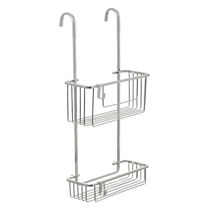 Etajera baie din aluminiu Tatay S6604700, montaj pe cabina dus, finisaj argintiu, doua rafturi, 28 x 15.5 x 56 cm