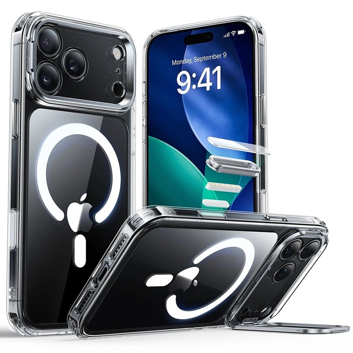 Husa pentru Apple iPhone 17 Pro Max ESR Classic Hybrid HaloLock Kickstand, Protectie Camera, MagSafe, Stativ incorporat, Incarcare wireless, Transparent