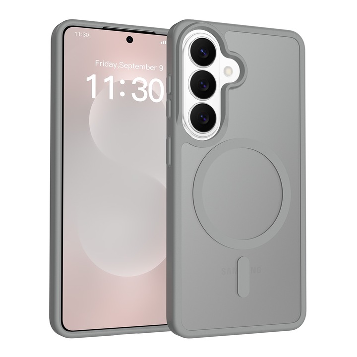 Husa de protectie pentru Samsung Galaxy S26, Omelivon, MagSafe, Incarcare Wireless, Antisoc, Margini Ridicate pentru Protectia Ecranului si a Camerelor, Materiale Premium, Gri inchis