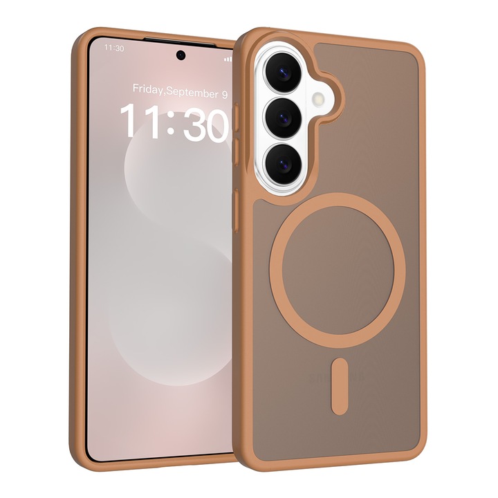 Husa de protectie pentru Samsung Galaxy S26, Omelivon, MagSafe, Incarcare Wireless, Antisoc, Margini Ridicate pentru Protectia Ecranului si a Camerelor, Materiale Premium, Maro