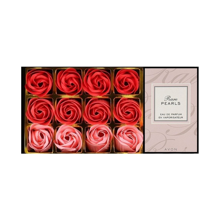 Set cadou Avon Rare Pearls pentru femei, apa de parfum 50 ml si 12 trandafiri din sapun parfumat in cutie eleganta