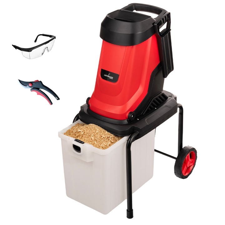 Tocator crengi Lehmann Timber, 3000 W, 4500 RPM, Crengi de pana la 45 mm, Cu sac colector 50 L, Ochelari de protectie si foarfece de gradina, 11.9 kg, Rosu/Negru