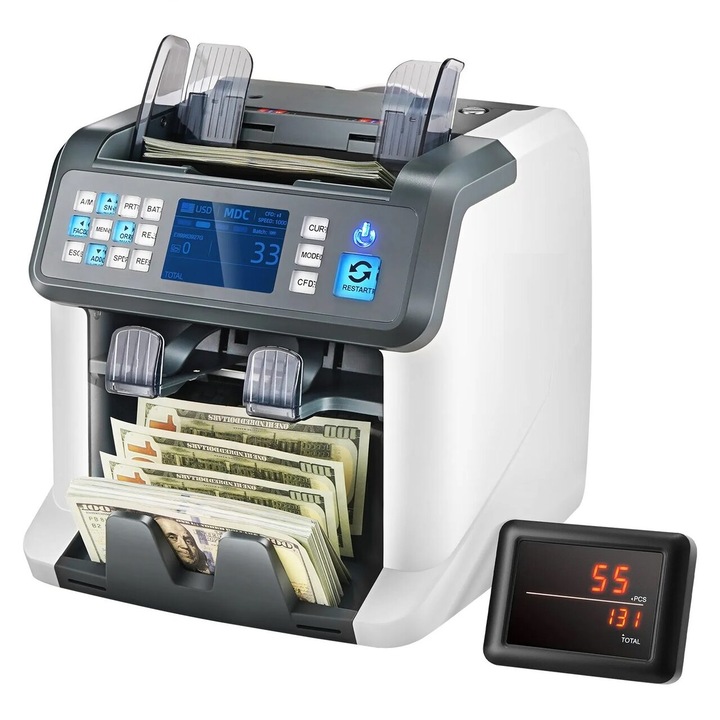 Bankjegy számláló USD, EUR, GBP, CAD, MXN, AUD és JPY bankjegyekhez, Hamisítvány észlelés, 1200 bankjegy/perc, TFT kijelző, RS232 port