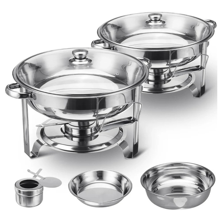 Комплект бюфет за кетъринг 2 броя, съдове от неръждаема стомана 4L с прозрачен капак, сребрист, 31.8x31.8x28 см