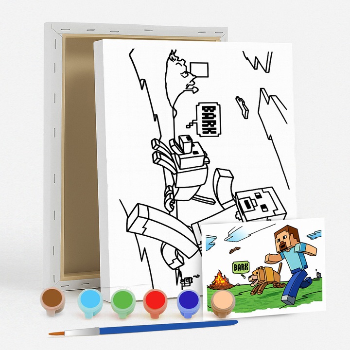 Комплект за творческо рисуване върху платно за деца - Minecraft Стив и BARK - С референтна картина - Ръчно рисуване върху платно - Включва акрилни бои и четка - 25x20 см - творческа и релаксираща дейност