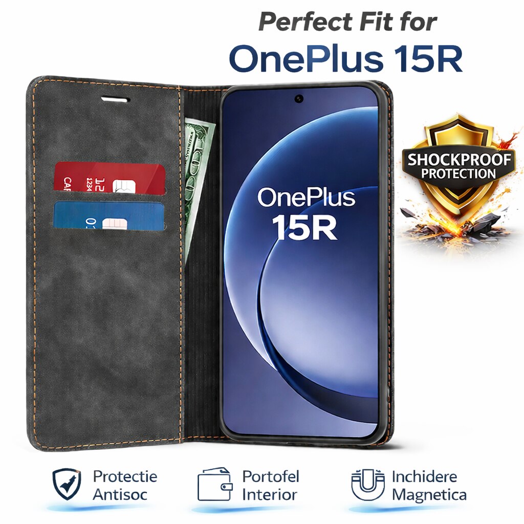 Husa pentru OnePlus 15R, SKYDDAR INNOVATION, Confy Cover tip Carte din piele Eco Premium, cu Portofel Interior, set cu sticker, Negru