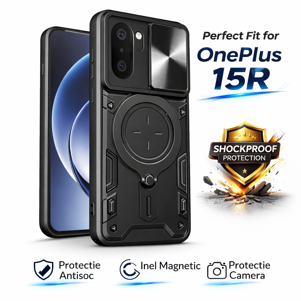 Husa pentru OnePlus 15R, SKYDDAR INNOVATION, CamGuard Pro, Inel Magnetic, Protectie Camera, set cu sticker, Negru
