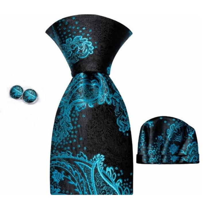 Set cravata matase + batista + butoni, negru cu bleu, SCR506