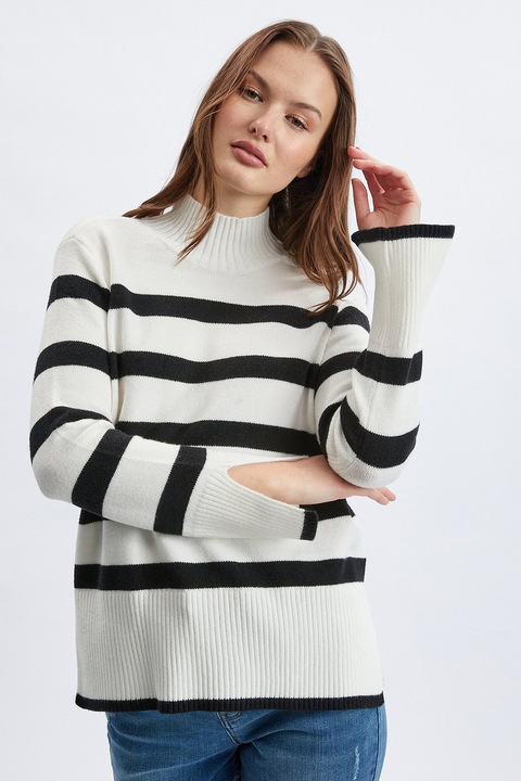 ORSAY, Pulover cu guler inalt si model in dungi, Alb/Negru stins